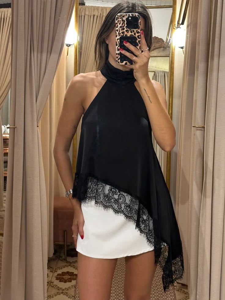 Top Satin Col Halter Ourlet Dentelle Asymétrique