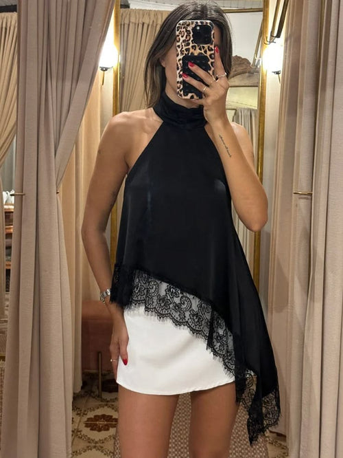 Top Satin Col Halter Ourlet Dentelle Asymétrique