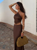 Ensemble 2 Pièces Satin & Dentelle — Crop Top & Jupe Longue