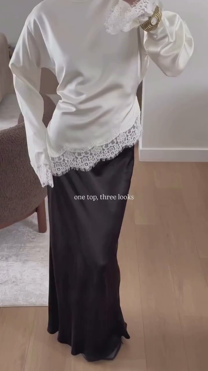 Blouse élégante en satin pour femmes avec patchwork de dentelle manches longues