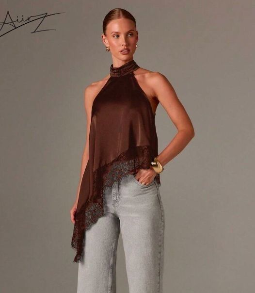 Top Satin Col Halter Ourlet Dentelle Asymétrique
