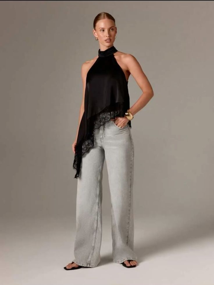 Top Satin Col Halter Ourlet Dentelle Asymétrique