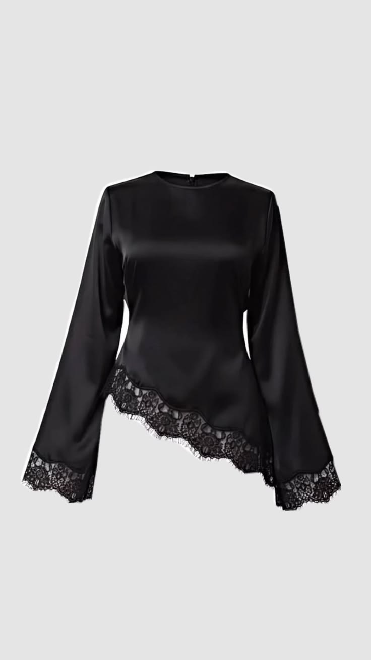 Blouse élégante en satin pour femmes avec patchwork de dentelle manches longues