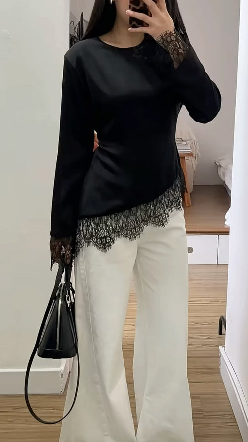 Blouse élégante en satin pour femmes avec patchwork de dentelle manches longues