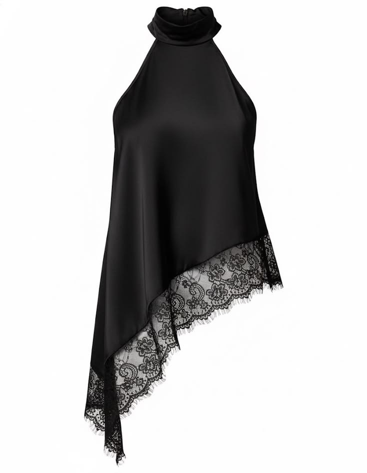 Top Satin Col Halter Ourlet Dentelle Asymétrique