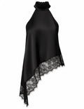 Top Satin Col Halter Ourlet Dentelle Asymétrique
